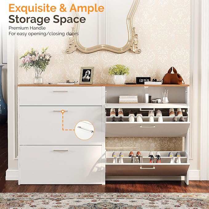 VINGLI Shoe Cabinet for Entryway, Slim Shoe Rack Storage Organizer with 3 Flip Drawers, Modern White Hidden Shoe Shelf with Oak Top, Narrow Free Standing Sneaker Cabinet for Hallway, 9.5" Depth