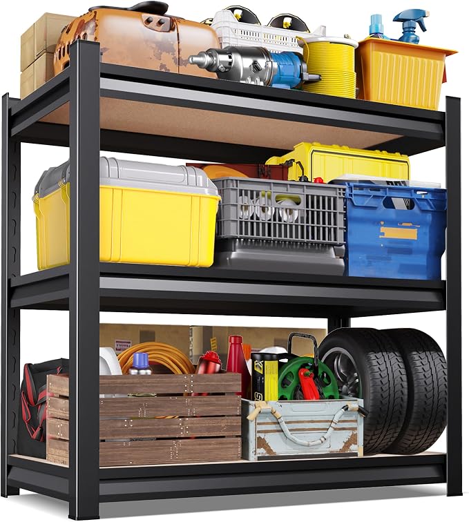 Heavy Duty Metal Garage Shelving Unit 33.5" Hx35.4 Wx15.7 D, Black | 3-Tier Adjustable, Tool-Free Assembly, Powder-Coated Finish, Rust-Resistant Steel, Multi-Space Organizer
