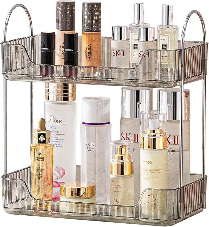 2 Tier Bathroom Counter Organizer Countertop Storage, Cosmetics Skincare Shelf Organizer, Makeup Organizer Perfume for Dresser Vanity Tray, Spice Rack Organizer for Kitchen (Grey)