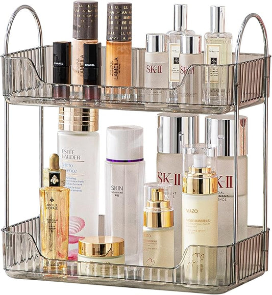 2 Tier Bathroom Counter Organizer Countertop Storage, Cosmetics Skincare Shelf Organizer, Makeup Organizer Perfume for Dresser Vanity Tray, Spice Rack Organizer for Kitchen (Grey)