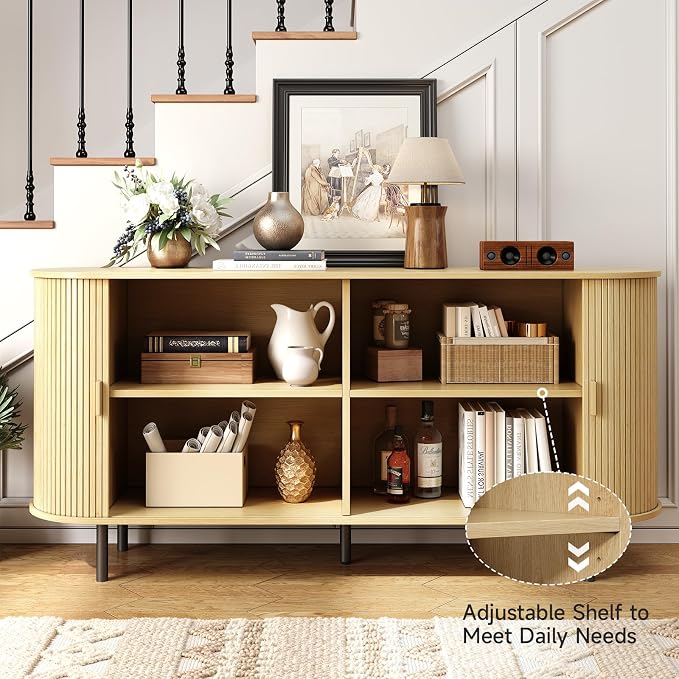 63" Sideboard Buffet Cabinet with Storage, Storage Cabinet with Sliding Door & Adjustable Shelf, Modern Accent Coffee Bar Console Table for Kitchen, Entryway, Oak