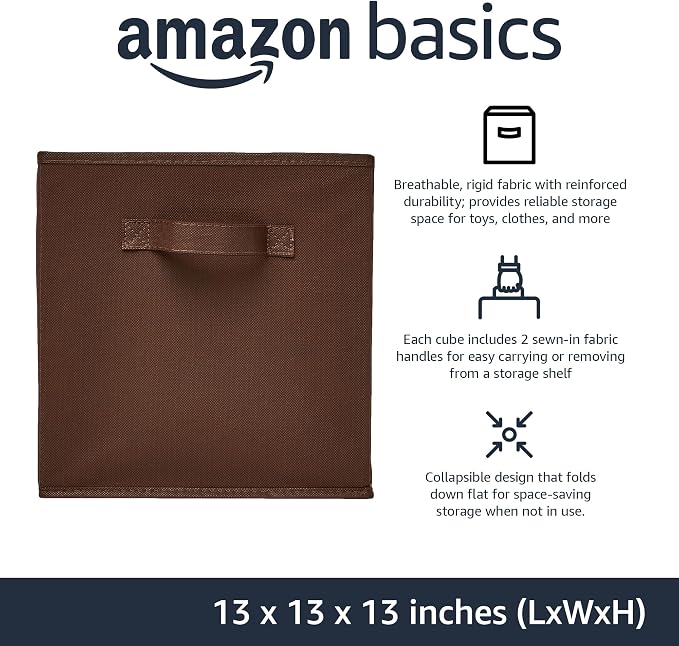 Amazon Basics Collapsible Fabric Storage Bins with Handles, Cube Organizer for Home Organization, 13" x 13" x 13", Brown, 6-Pack