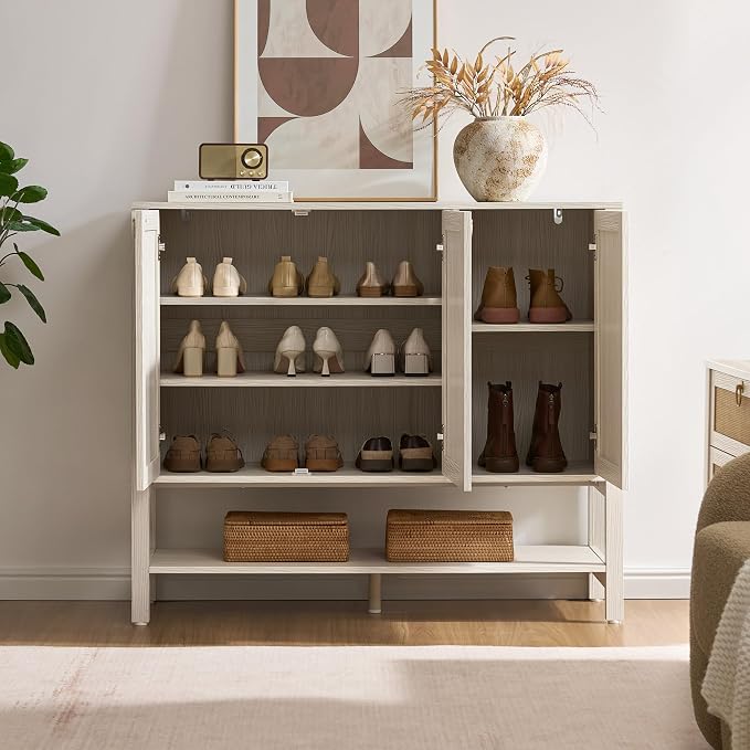 SICOTAS Rattan Shoe Cabinet with Storage, White Large Shoe Organizer | 30 Pairs Boho Shoe Rack Cabinet with 3 Doors & Adjustable Shelves for Entryway, Hallway, Living Room, Closet (2 Pieces)