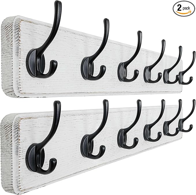 Wall Mounted Coat Rack: 24" Long, Patented, Heavy-Duty, 6-Double-Hooks Wooden Hanger Rail for Winter Coats, Hat, Jacket, Clothing - White & Black, Pack of 2