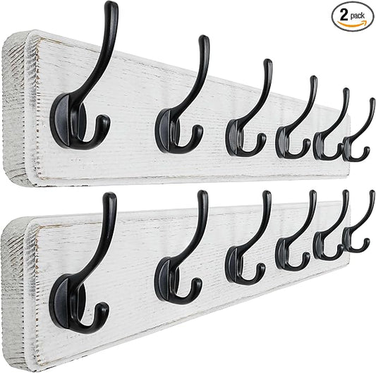 Wall Mounted Coat Rack: 24" Long, Patented, Heavy-Duty, 6-Double-Hooks Wooden Hanger Rail for Winter Coats, Hat, Jacket, Clothing - White & Black, Pack of 2