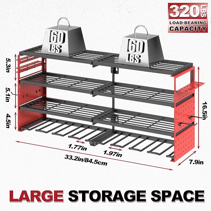 33" Metal Power Tool Organizer Wall Mount,4 Tier,Red | Heavy-Duty Metal,320 LBS Capacity,8 Cordless Drill Holders,Adjustable Hooks,Tool Shelf for Garage Workshop Shed,Pegboard