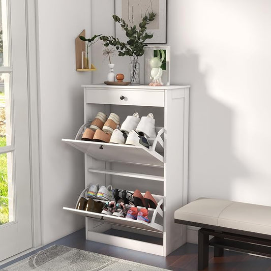 FTZxHKLX Shoe Cabinet with 2 Flip Drawers, Slim Shoe Storage Cabinet, White | Freestanding Hidden Shoe Organizer with Drawer, Pet-Proof Shoe Storage Organizer for Entryway Living Room Behind The Door