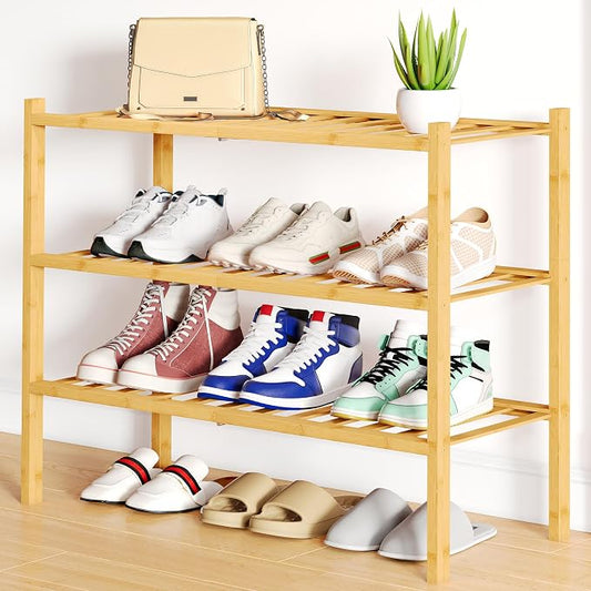 Smiry Bamboo Shoe Rack, 12 Vertical Slats, 3 Tier - 26.8" Wide, Natural | Stackable Free Standing Wooden Shoe Organizer, Wood Shoe Storage Shelf for Closet, Entryway