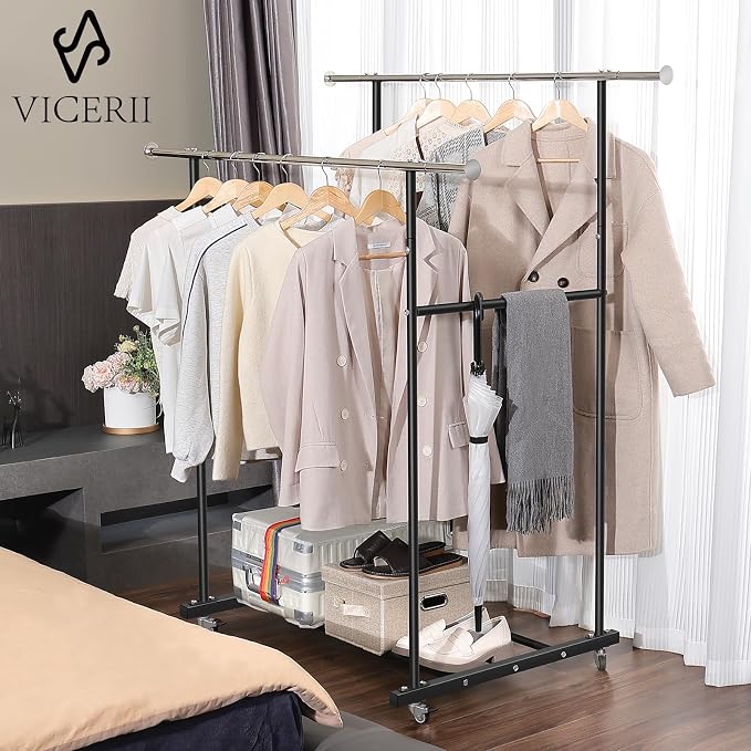 VICERII Clothes Rack, Double Clothing Rack with Wheels and Extra Wide Bottom Shelf, 52.36’’ Heavy Duty Garment Racks for Hanging Clothes, Coats, Shirts, Skirts, Dresses, 130LB Capacity, Black