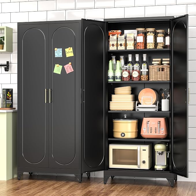 Polup 75" Tall Metal Kitchen Pantry Storage Cabinet with Doors and Shelves | Black Heavy-Duty Steel, 4 Adjustable Shelves & Magnetic Latch, Leveling Feet & Anti-Tip, for Office, Garage, Laundry & Home
