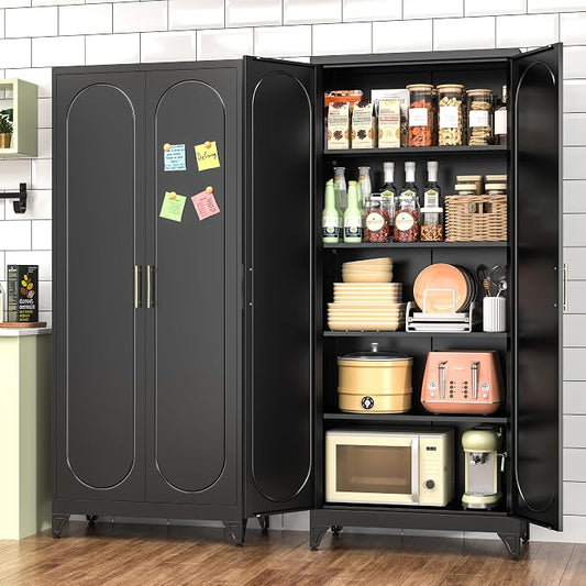 Polup 75" Tall Metal Kitchen Pantry Storage Cabinet with Doors and Shelves | Black Heavy-Duty Steel, 4 Adjustable Shelves & Magnetic Latch, Leveling Feet & Anti-Tip, for Office, Garage, Laundry & Home