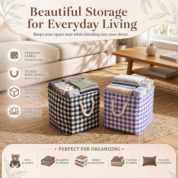 6 Pack Gingham Storage Bins, 11 Inch Cube Fabric Storage Baskets | Foldable Fabric Cube Baskets with Reinforced Handle,Checkered Classroom Storage Bins, for Shelves, Closets, Room Organization