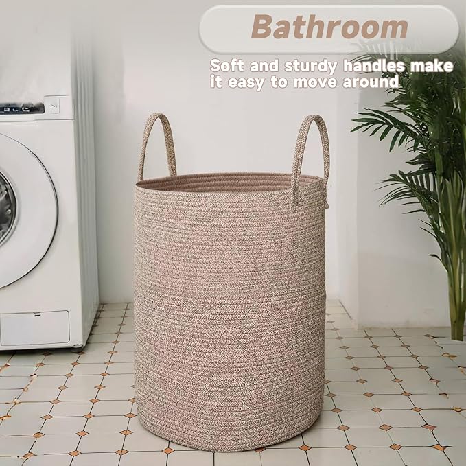 JMvicyroam 80L Cotton Rope Laundry Basket Hamper, Oatmeal | Collapsible laundry basket, reinforced handles, freestanding, machine washable, holds 3-5 thick blankets, clothes or toys