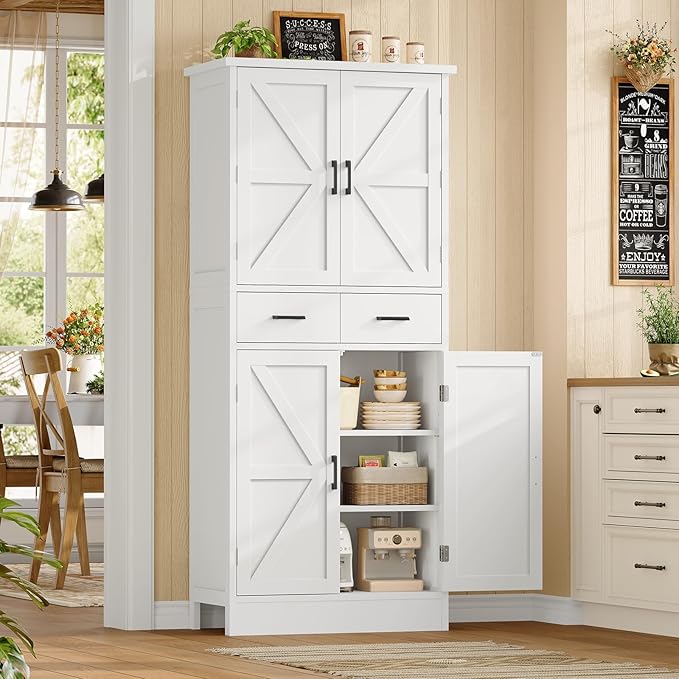 TEENFON Farmhouse Pantry Cabinet, 66.9″H Tall Kitchen Storage Cabinet with Barn Doors, Adjustable Shelves & Drawer, Freestanding Cupboard for Kitchen, Dining Room, Living Room, Bathroom, White