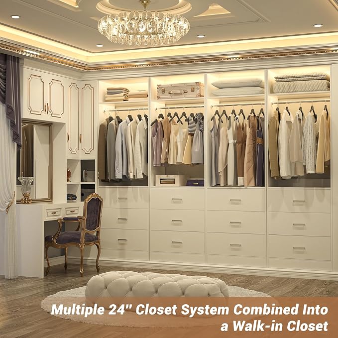 Besiost Closet System Set of 4, 8FT Closet Systems with 12 Wood Drawers, 96" Closet Organizer System with 4 Hanging Rods & 4 Shelves, Heavy Duty 96 Inch Walk-in Closet, White (96"L x 15" W x 80" H)