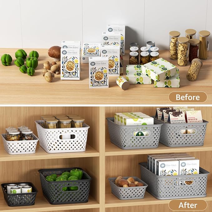 MaxGear 3 Pack Plastic Storage Baskets, Medium, White | Durable Woven Plastic with Built-In Handles, Suitable for Shelves, Closets, Cabinets, Bathrooms and Offices