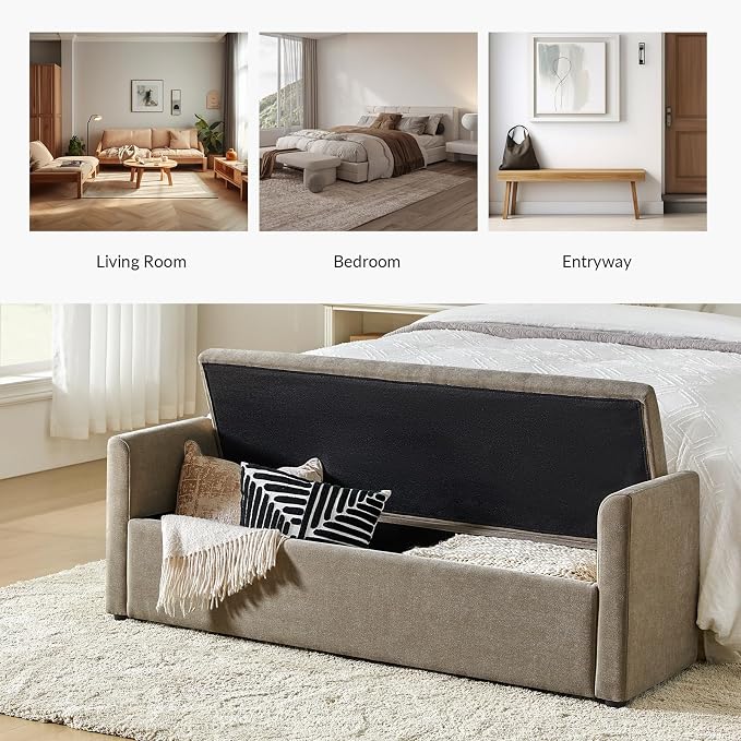 HULALA HOME 59" Storage Bench with 2 Throw Pillows & Armrests, Brown | Modern Long Bedroom Bench for End of Bed, Comfy Upholstered Fabric Footstool for Entryway Living Room