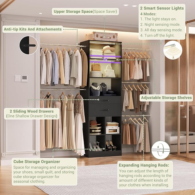 Besiost Closet System, 4-8 FT Closet Organizer System with Smart Sensor Lights, 2 Wooden Drawers and 5 Hanging Rods, Can Fit 60 to 96 inch Walk-in Closet System, Black