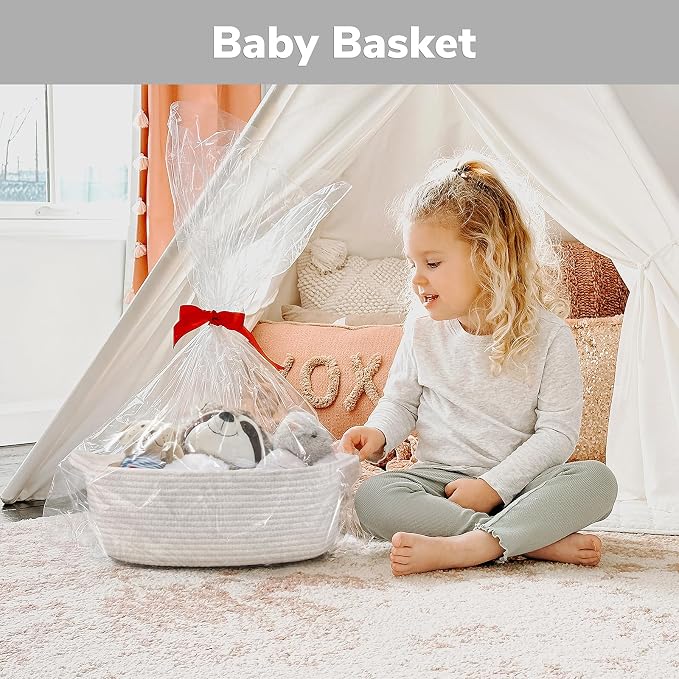 CHICVITA Small Cotton Rope Gift Baskets Empty for Shelves, White | 13" x 10" x 5", Decorative Storage Basket for Toys, Diapers & Baby Showers, Nursery & Closet Storage, Built-In Handles