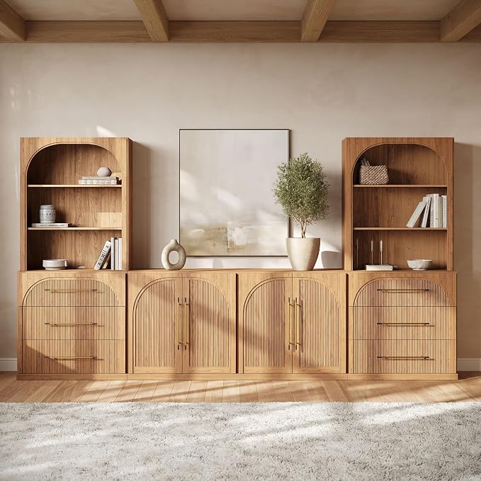 BELLEZE 6-Piece Modular TV Stand Set - 2 Sideboards with Drawers, 2 Double-Arc Wood Door Sideboards, and 2 Hutch Cabinets, Classic Modern Media Console with Adjustable Shelves for Living Room (Camel)