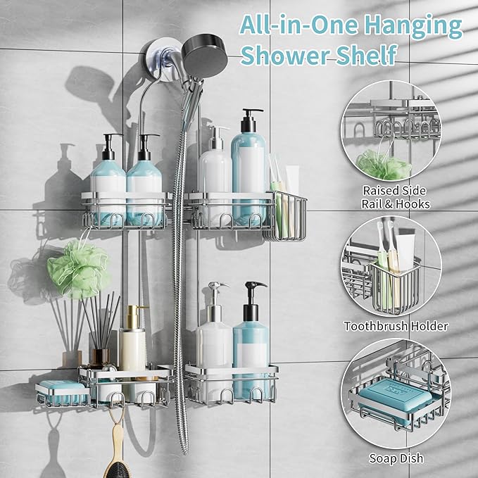 KEGII Hanging Shower Caddy for Handheld Showerheads, Silver | Rustproof Over Showerhead Organizer with Soap Dish, Toothbrush Holder and Hooks for Bathroom Shower Storage