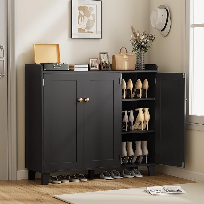 Shoe Storage Cabinet with 3 Doors and Adjustable Shelves，40 Inch Tall Farmhouse Flat-Shelf Wooden Shoe Cabinet，Shoe Rack Shoe Organizer Cabinet for Hallway Entryway Living Room （Black）