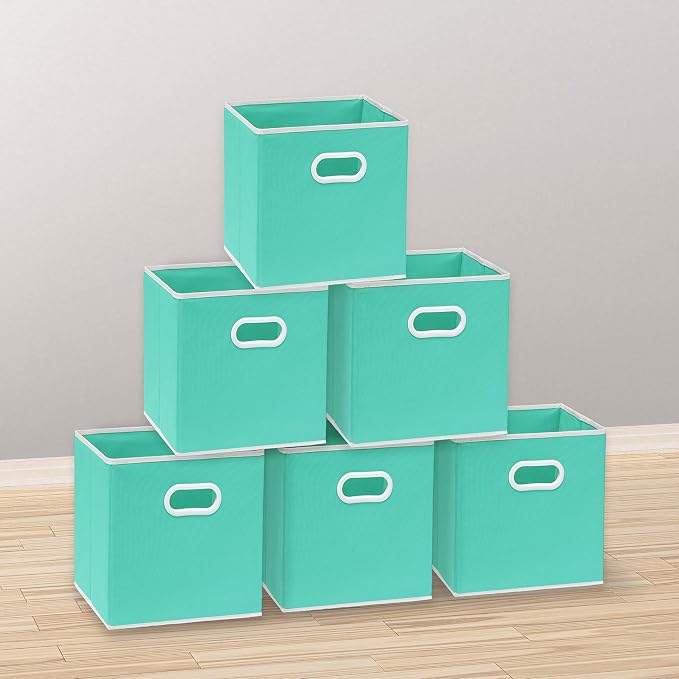 Simple Houseware 11-Inch Foldable Cube Storage Bins with Handles, Turquoise | 6-Pack Lightweight & Durable Structure Fabric Cubes Organizer for Closet or Shelves