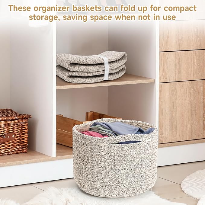 3 Pack Small Rope Storage Baskets, 9.82×9.82×7.1", Brown | Cotton Basket for Gifts Empty, Cute Round Woven Basket, Decorative Shelf Basket Organizer, Organizing Basket for Shelves