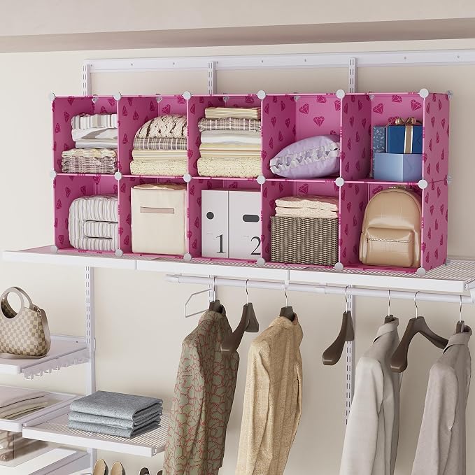 UNKU 3 Cube Storage Organizer, Closet Organizer Storage Shelves,Pink | DIY Stackable Bookcase, Clothes Organizer Shelf for Closet, Bedroom, Living Room, Cabinet, Home, Office
