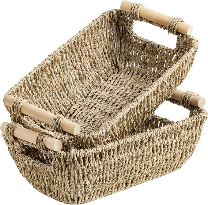 StorageWorks Small Baskets for Shelf, Seagrass Woven Basket with Wooden Handles for Gifts, 2-Pack
