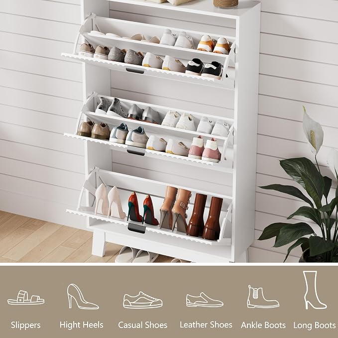 Shoe Cabinet Storage for Entryway with 3 Flip Drawers, Fluted Narrow Shoe Organizer with Wooden Legs, Freestanding Slim Shoe Storage Hidden Shoe Rack Organizer for Front Door Entrance, Hallway, White