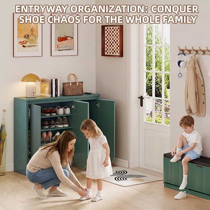 47" Large Shoe Cabinet for Entryway, Shoe Storage Cabinet with Adjustable Shelves, Mid-Century Modern Wooden Shoe Organizer with 3 Arched Doors, Extra Deep Shoe Rack for Sneakers & Boots (Green)
