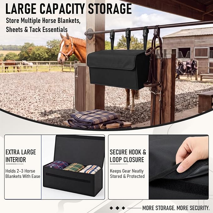 Horse Blanket Storage Bag for Fly Sheets,Black,23 x 9 x 9 in | 600D Waterproof Oxford Tack Organizer, Heavy Duty Hanging Horse Blanket Holder, Stall Front Storage Bag for Horse Blankets