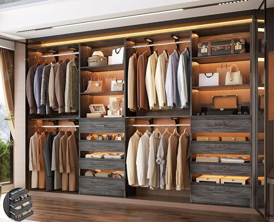 Aheaplus Closet System with 8 Wooden Drawers, Wood Closet Organizer System with Tower, Walk-in Closet Organizer Wardrobe Clothes Rack with 4 Hanging Rods, Garment Rack, Cut to Fit 7-12Ft, Black Oak1