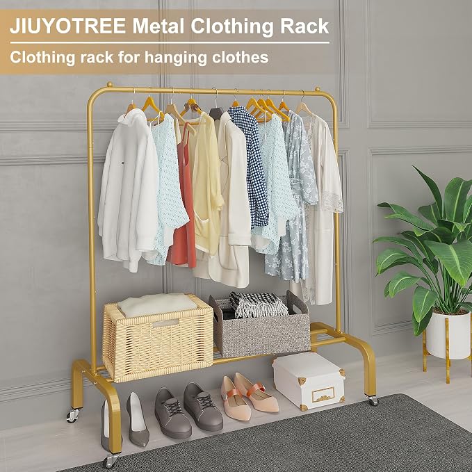Metal Clothing Rack with Wheels 43.3 Inches Rolling Clothes Garment Coat Rack with Bottom Shelf Clothing Rack for Hanging Clothes Coats Skirts Shirts Sweaters Gold