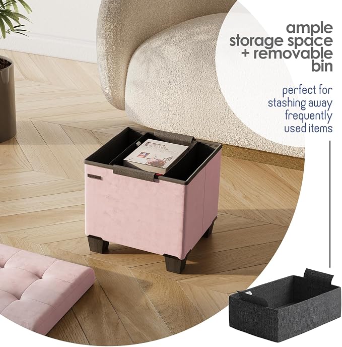 Storage Ottoman Cube with Small Bin, 15-in Square Ottoman with Storage for Living Room and Bedroom, Small Ottomans Foot Rest, Velvet Foot Stools Ottomans Max 330lbs, Pink