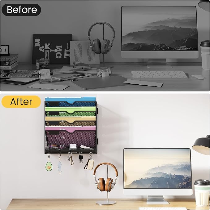 Hanging Wall File Organizer 5-Tier Wall Mount Mail Organizer | Desk Paper Organizer, Sleek Black Metal File Folder Holder for Office, Cubicle (Black-5 Tier)