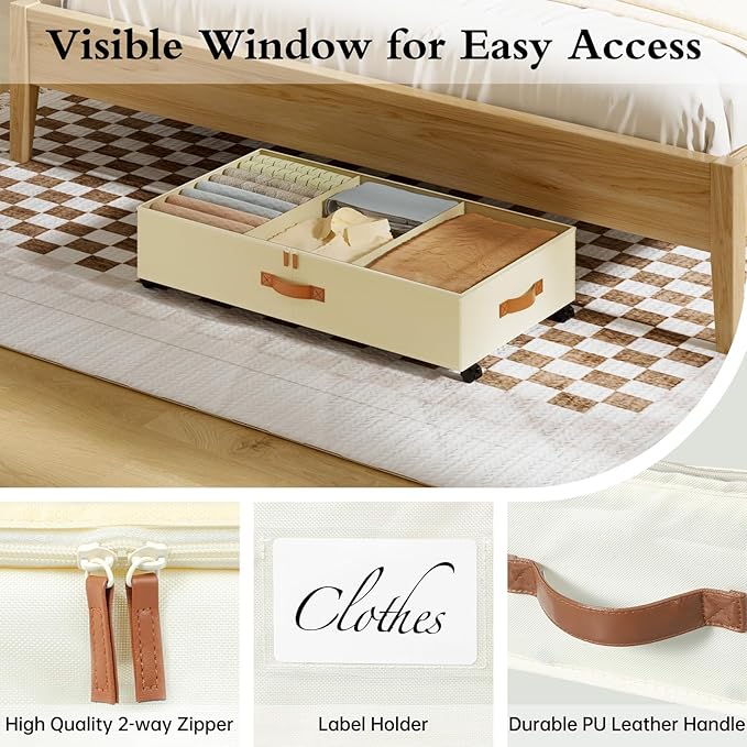 Yecaye Under Bed Storage with Wheels, 4 Pack Under Bed Storage Containers with Adjustable Dividers & Clear Window, Rolling Underbed Organizer Bins Drawers for Clothes, Shoes, Blankets, Beige