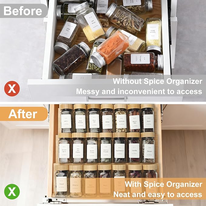 Spice Drawer Organizer with 35 Bamboo-lidded Spice Jars,216 Labels,25 Non-slip Rubber, Bamboo 4 Tier Seasoning Rack Tray Insert for Kitchen Drawers,Cabinets,Countertop,14.6" Wide x 15.8" Deep