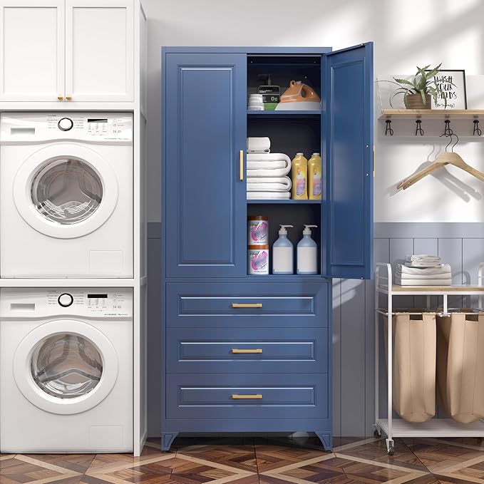 SteeLoong 75" Metal Storage Cabinet with Doors and 2 Adjustable Shelves | Kitchen Pantry Cabinet with 3 Drawers,Blue Kitchen Cabinet with 2 Gold Handles,Food Cupboard for Livingroom,Pantry, Bathroom