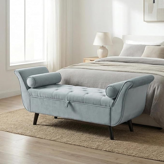End of Bed Storage Bench for Bedroom, 65" King Size Velvet Storage Bench with 2 Pillows, Upholstered Rolled Armed Button Tufted Sofa Ottoman Bench, Long Narrow Bench for Entryway (Gray)