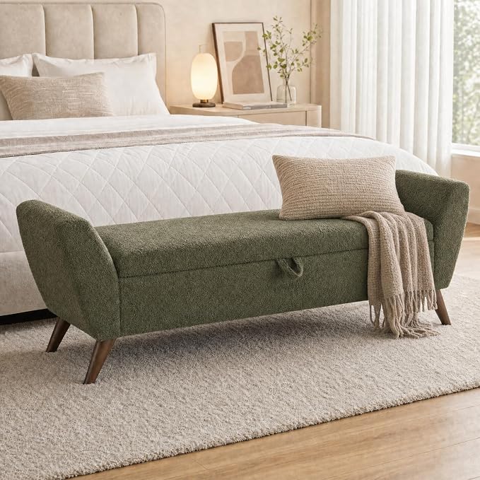 60" Storage Ottoman Bench, End of Bed Bench King Size Green | Solid Wood Legs, Large Hidden Storage, High-Resilience Foam, Teddy Fabric