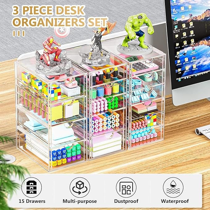 YFXCVSL 3-Pack Acrylic 15-Drawer Storage & Makeup Organizer for Desk | Smooth-glide drawers, clear acrylic, dustproof, waterproof, wipe-clean, for nail polish, essential oils, hair clips