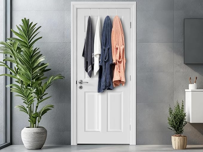 Single Over Door Steel Hooks 6 Pack Fit 1-3/8" Door 5.5" White | Plastic Coated Rubber Feel Towel Rack Robe Coat Shoe Wreath Hanger No Damage No Scratch for Bathroom Heavy Duty Thin Top