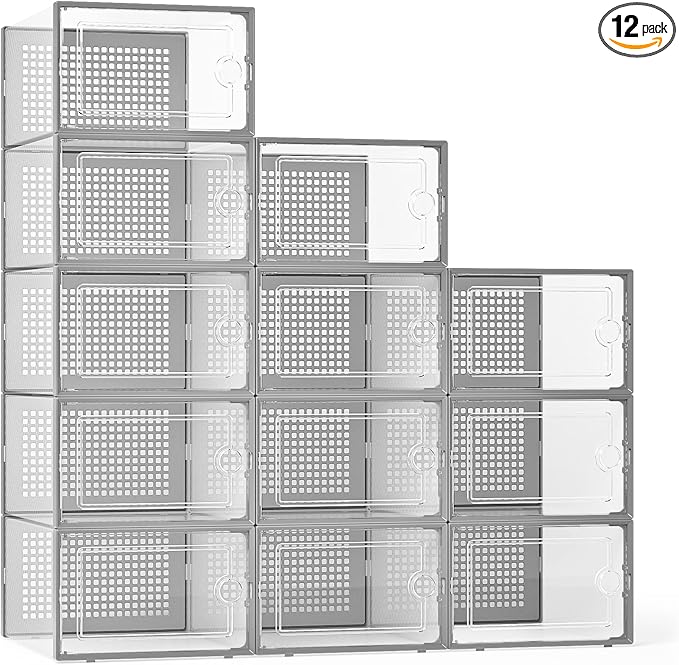Kuject X-Large Shoe Storage Boxes 12 Pack, Clear Stackable Shoe Organizer | Shoe Case for Closet, Entryway & Under-Bed Storage, Drop-Front Design, Space-Saving Solution for Family Organization,Grey