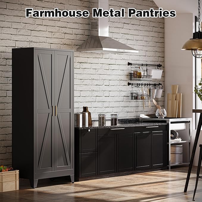 Bevivog 71" Kitchen Pantry Cabinet, Metal Storage Cabinet with 2 Doors and 4 Adjustable Shelves, Farmhouse Black Metal Pantry Cabinets Storage for Kitchen, Home Office,Garage, Laundry Room