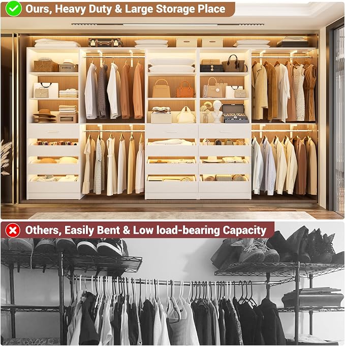 Aheaplus Closet System Set of 3, 138.5" Wood Closet Organizer System Tower with 12 Drawers & 4 Hanging Rods, 6.7+4.85Ft L Shaped Walk-in Closets Wardrobe Organizer Garment Rack with Shelves, White3