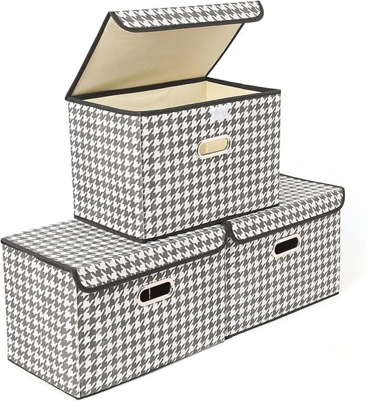 STOREONE Fabric Storage Cube Bins Foldable Organizer Container Collapsible Basket with Lids and Metal Handles, for Home, Bedroom, Closet 3 Pcs (Houndstooth)