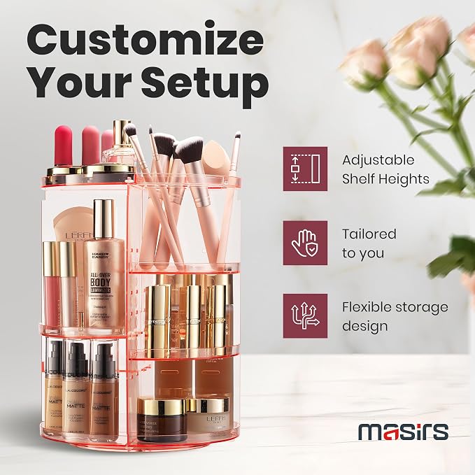 Masirs 360 Rotating Makeup Organizer Countertop, Adjustable Shelf, Pink | 360-Degree Rotating Makeup Organizer, Adjustable Shelf Height, Cosmetic Perfume Skincare Storage, Vanity Countertop, Pink