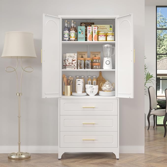 SteeLoong 75”Kitchen Pantry Cabinet, Metal Storage Cabinet with 3 Drawers | White Pantry Cabinets for Kitchen Storage with 2 Adjustable Shelves,Tall Freestanding Cupboard for Living Room,Kitchen,Garage